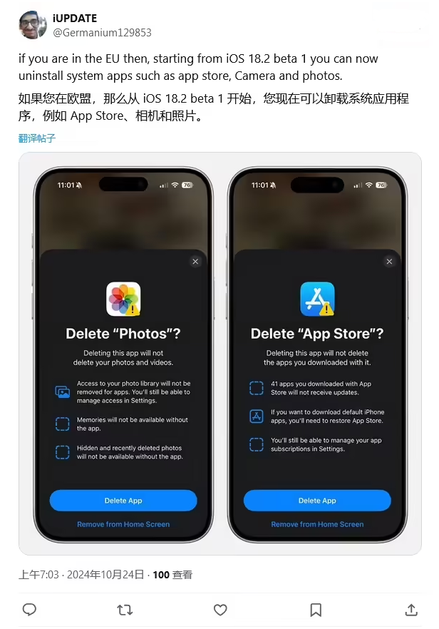 民丰苹果手机维修分享iOS 18.2 支持删除 App Store 应用商店 