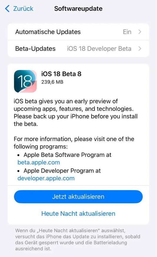 民丰苹果手机维修分享苹果 iOS / iPadOS 18 开发者预览版 Beta 8 发布 